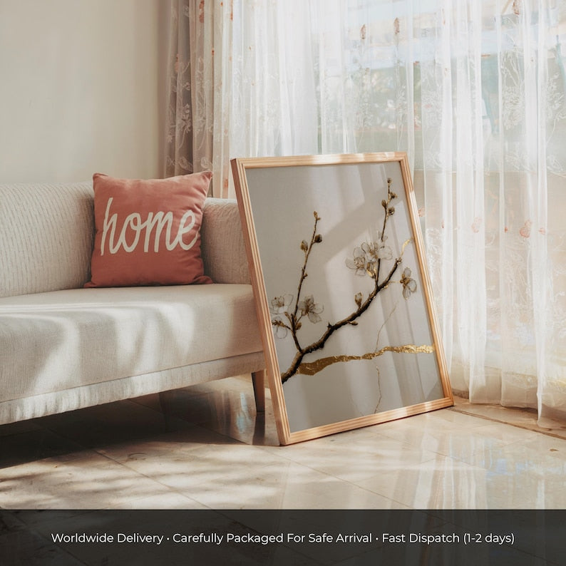 Kintsugi-Pflaumenblüten-Poster als Wanddekoration – Cremefarbene Zweige, geschmückt mit goldenen Pflaumenblüten, Frühlingsdekoration, Kirschblütenkunst