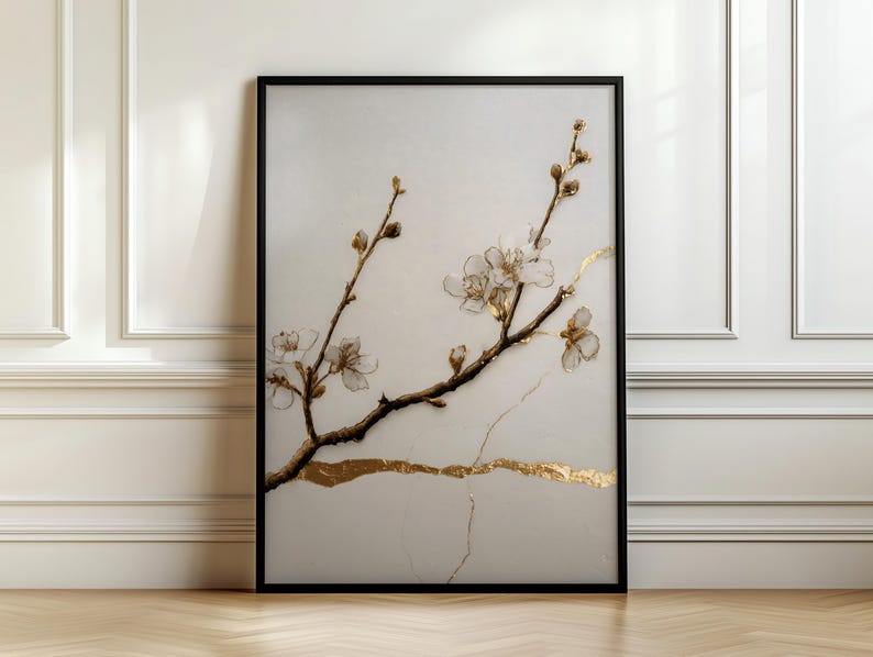 Kintsugi-Pflaumenblüten-Poster als Wanddekoration – Cremefarbene Zweige, geschmückt mit goldenen Pflaumenblüten, Frühlingsdekoration, Kirschblütenkunst