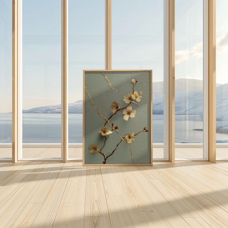 Kintsugi-Pflaumenblüten-Druck | Wandbild mit blauen Salbeizweigen und goldenen Details