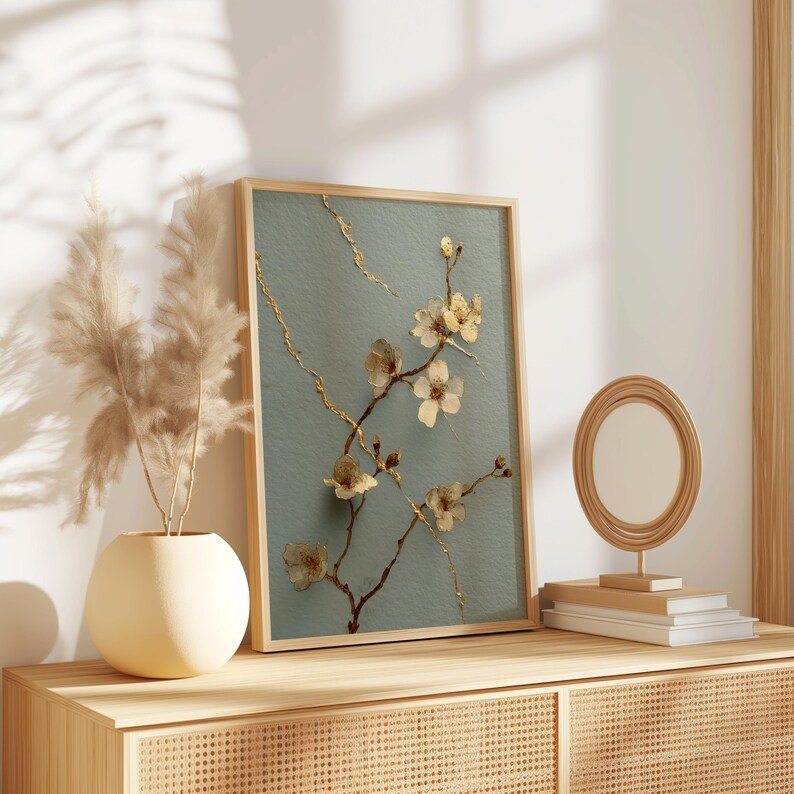 Kintsugi-Pflaumenblüten-Druck | Wandbild mit blauen Salbeizweigen und goldenen Details