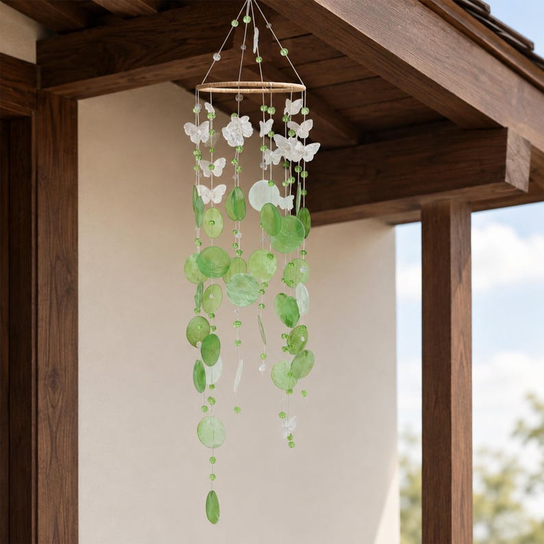 Perlmutt Windspiel Schmetterlingsmotiv Boho Küstenstil Sonnenfänger Fenster Veranda Terrasse Garten
