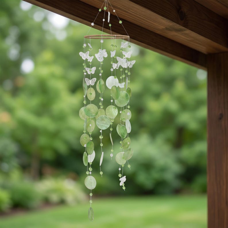 Perlmutt Windspiel Schmetterlingsmotiv Boho Küstenstil Sonnenfänger Fenster Veranda Terrasse Garten