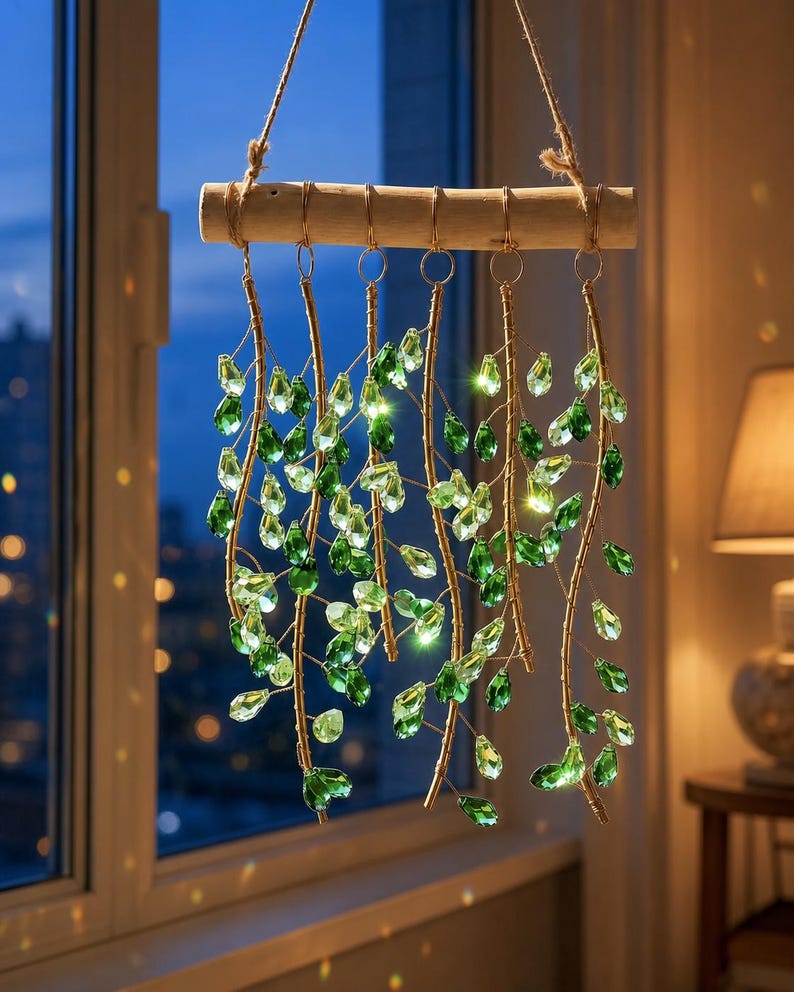 Windspiel mit grünem Blattkristall, Boho-Gartenfensterdekoration, Regenbogenprisma