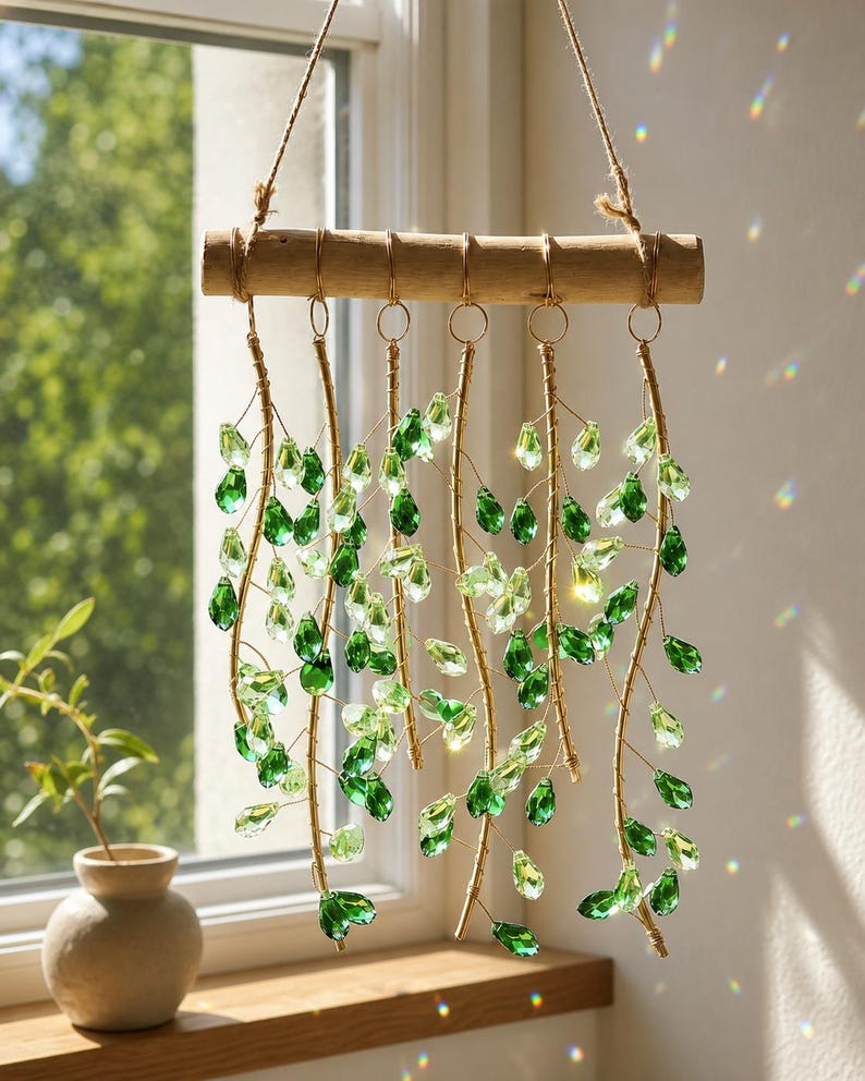 Windspiel mit grünem Blattkristall, Boho-Gartenfensterdekoration, Regenbogenprisma