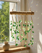 Windspiel mit grünem Blattkristall, Boho-Gartenfensterdekoration, Regenbogenprisma