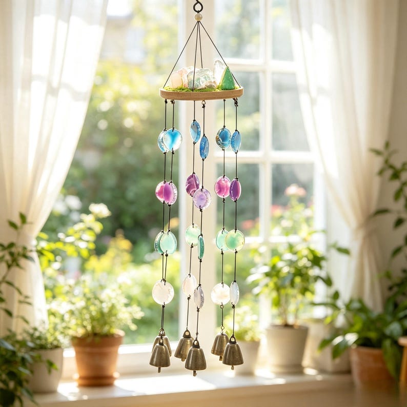 Kristall-Windspiel mit Glocken, Boho Fensterdekoration, 4 Ausführungen, 42-47 cm