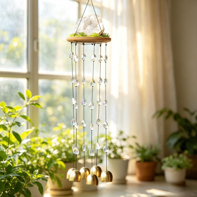 Kristall-Windspiel mit Glocken, Boho Fensterdekoration, 4 Ausführungen, 42-47 cm