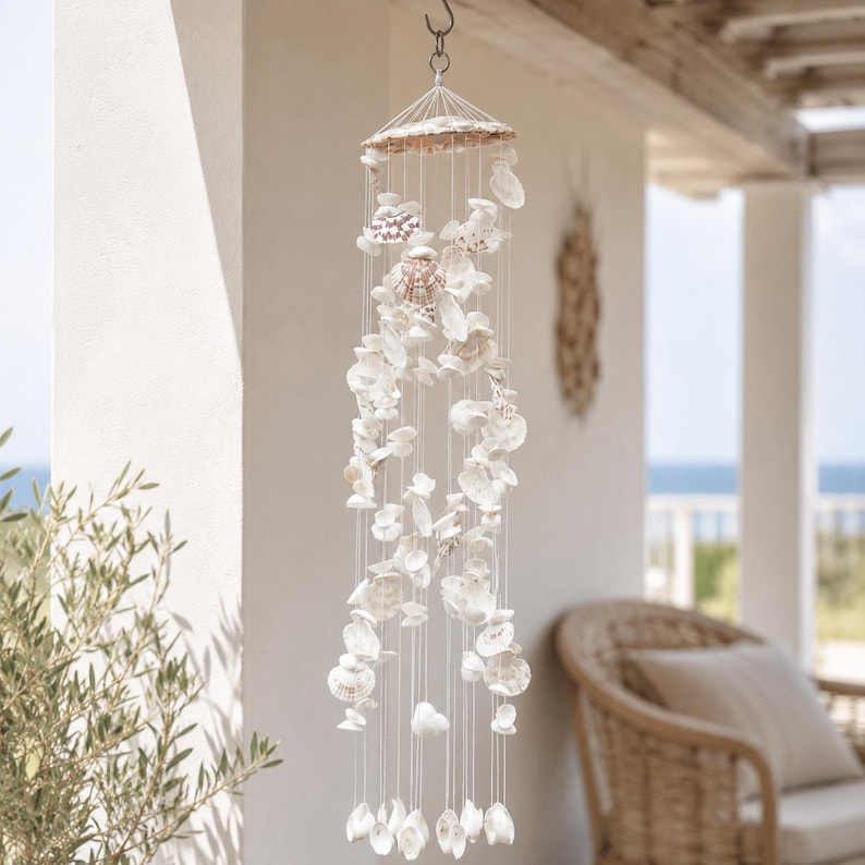 Windspiel aus natürlichen Muscheln, Boho Küstenhaus Dekoration für Garten Terrasse Balkon