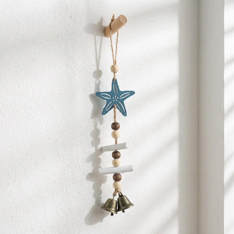 Wooden Starfish Wind Chime Coastal Bell Hanging Ornament Nautical Wall Decor