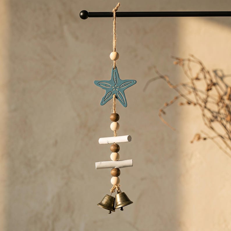Wooden Starfish Wind Chime Coastal Bell Hanging Ornament Nautical Wall Decor