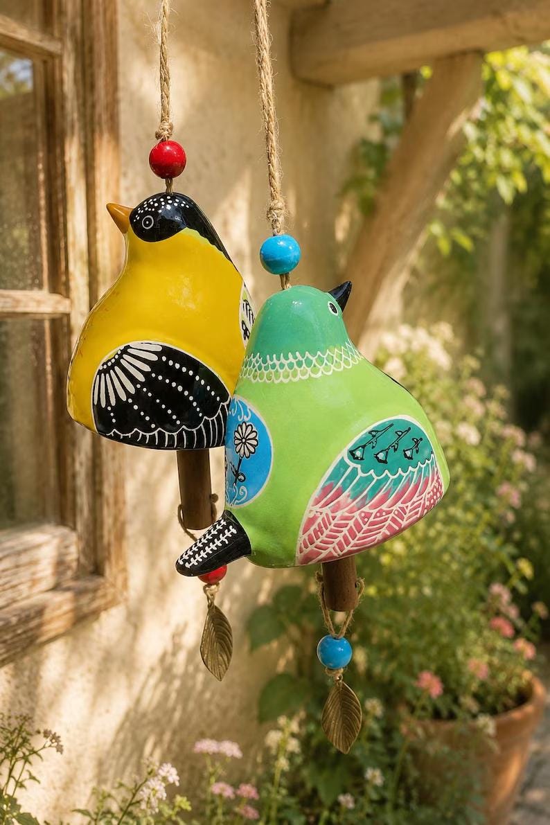 Vogelglocken-Windspiel mit handbemalten Vögeln, bunte hängende Gartenornamente, Boho-Dekoration für Terrasse und Veranda