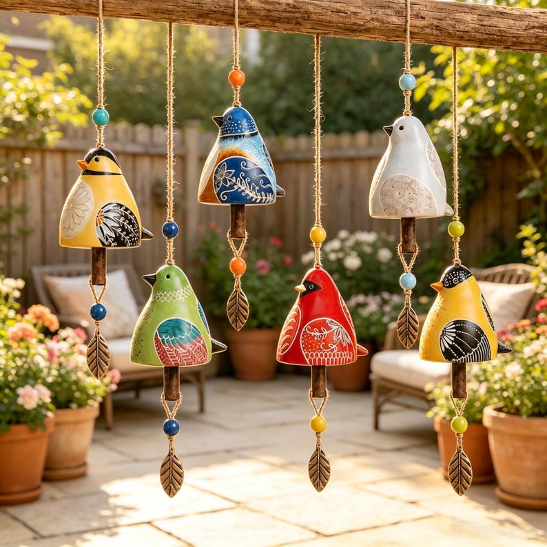 Vogelglocken-Windspiel mit handbemalten Vögeln, bunte hängende Gartenornamente, Boho-Dekoration für Terrasse und Veranda