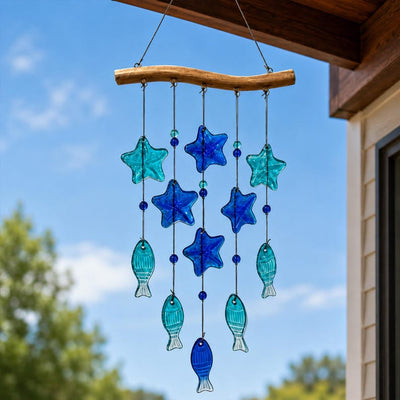 Blaues Glas Windspiel Seestern Fisch Hängedekoration Maritime Strandhaus Deko