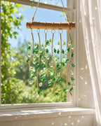 Windspiel mit grünem Blattkristall, Boho-Gartenfensterdekoration, Regenbogenprisma