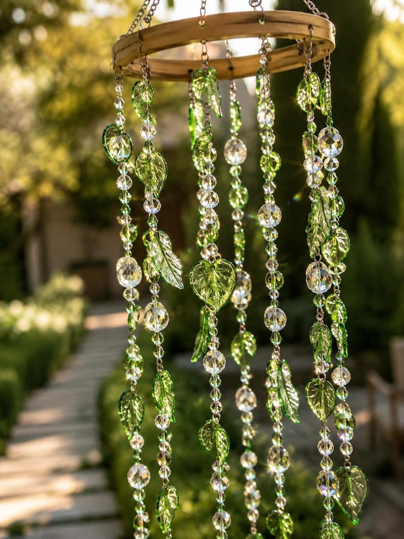 Kristallblatt-Windspiel, Cottagecore-Gartendeko, Hängender Regenbogenmacher, Botanische Außendekoration
