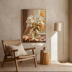 Lilienstrauß am Fenster im goldenen Abendlicht, handgemaltes Ölgemälde, strukturierte Kunst, Vintage-Wandbild, Wohnzimmer-Dekoration