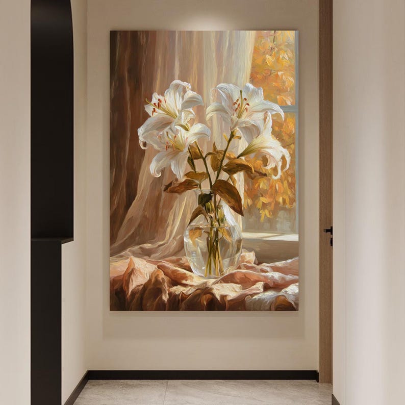 Lilienstrauß am Fenster im goldenen Abendlicht, handgemaltes Ölgemälde, strukturierte Kunst, Vintage-Wandbild, Wohnzimmer-Dekoration