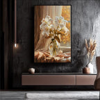 Lilienstrauß am Fenster im goldenen Abendlicht, handgemaltes Ölgemälde, strukturierte Kunst, Vintage-Wandbild, Wohnzimmer-Dekoration