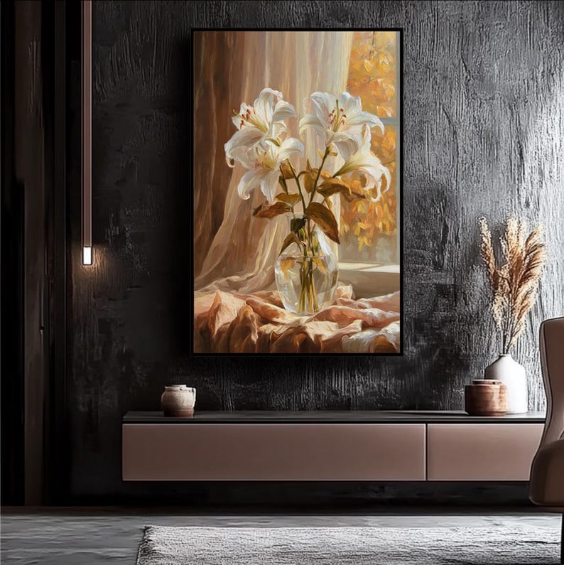 Lilienstrauß am Fenster im goldenen Abendlicht, handgemaltes Ölgemälde, strukturierte Kunst, Vintage-Wandbild, Wohnzimmer-Dekoration