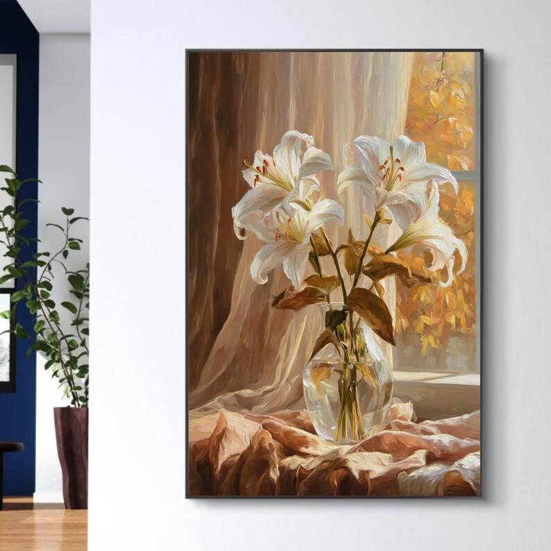 Lilienstrauß am Fenster im goldenen Abendlicht, handgemaltes Ölgemälde, strukturierte Kunst, Vintage-Wandbild, Wohnzimmer-Dekoration