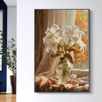 Lilienstrauß am Fenster im goldenen Abendlicht, handgemaltes Ölgemälde, strukturierte Kunst, Vintage-Wandbild, Wohnzimmer-Dekoration