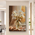Lilienstrauß am Fenster im goldenen Abendlicht, handgemaltes Ölgemälde, strukturierte Kunst, Vintage-Wandbild, Wohnzimmer-Dekoration