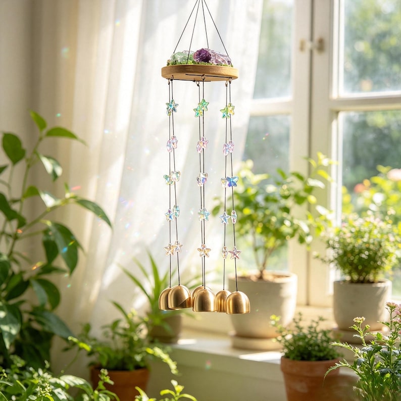 Kristall-Windspiel mit Glocken, Boho Fensterdekoration, 4 Ausführungen, 42-47 cm