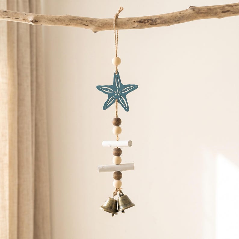 Wooden Starfish Wind Chime Coastal Bell Hanging Ornament Nautical Wall Decor