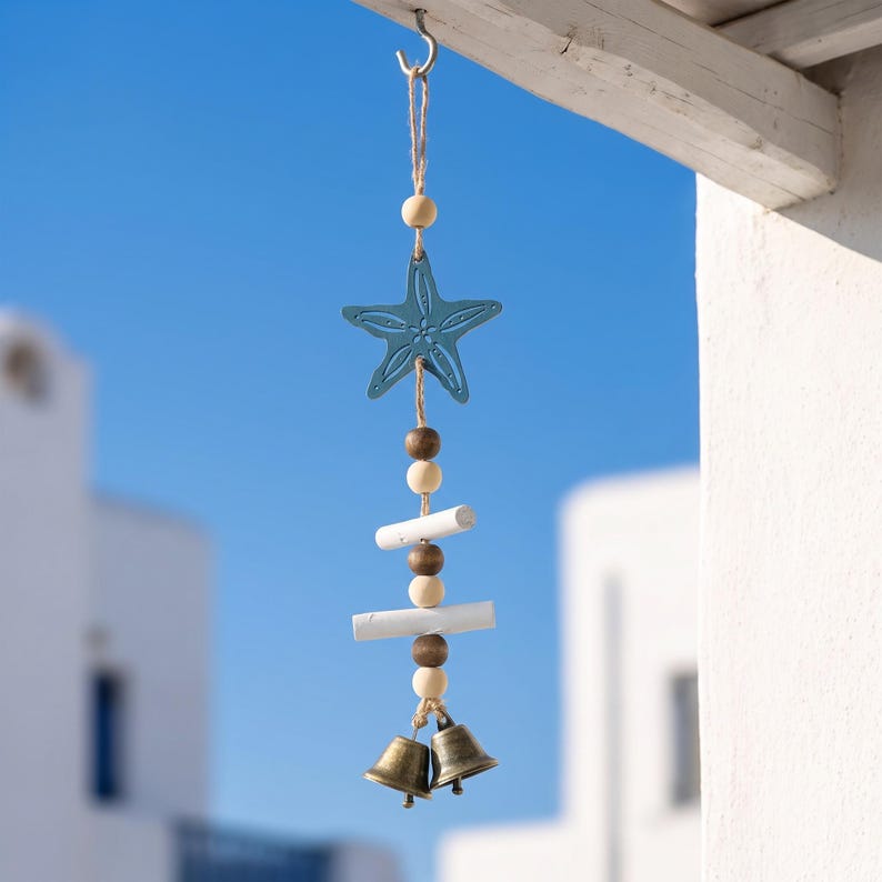 Wooden Starfish Wind Chime Coastal Bell Hanging Ornament Nautical Wall Decor
