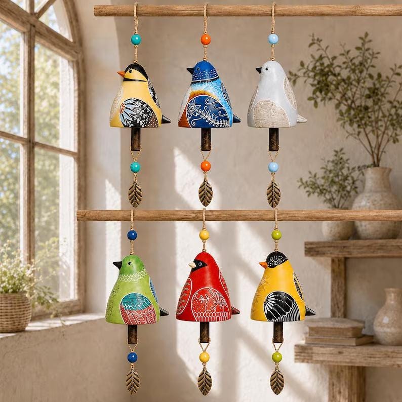 Vogelglocken-Windspiel mit handbemalten Vögeln, bunte hängende Gartenornamente, Boho-Dekoration für Terrasse und Veranda
