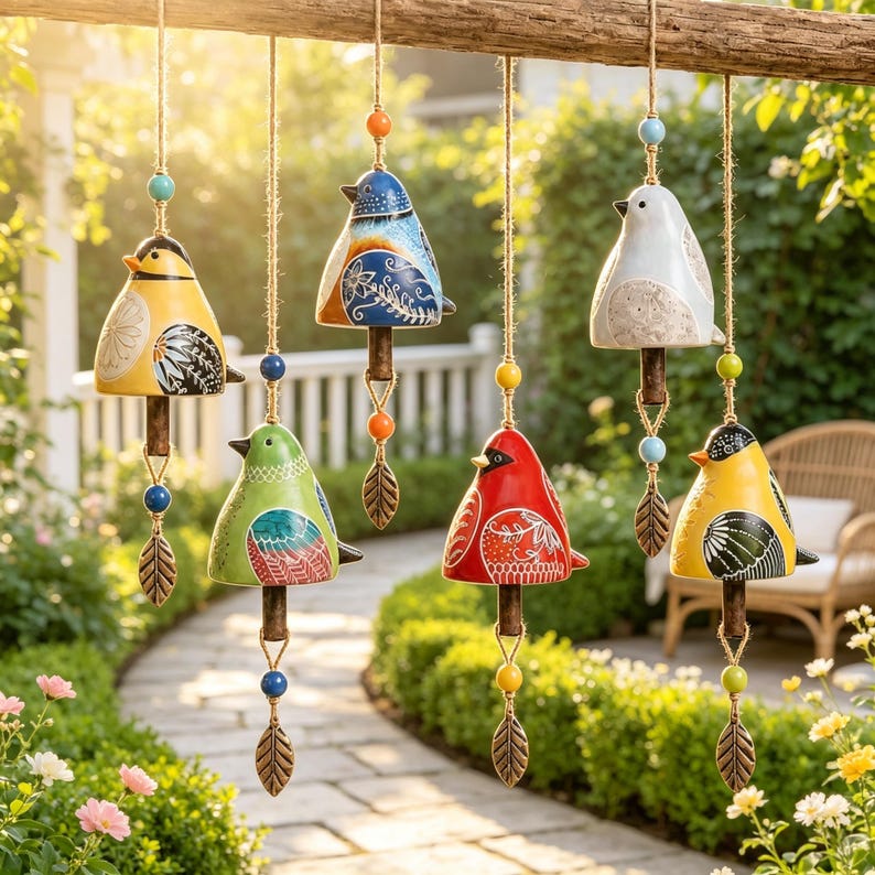 Vogelglocken-Windspiel mit handbemalten Vögeln, bunte hängende Gartenornamente, Boho-Dekoration für Terrasse und Veranda