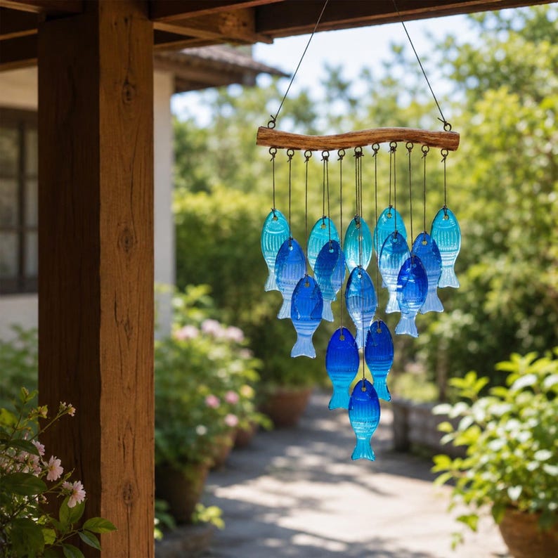 Blaues Glas Windspiel Seestern Fisch Hängedekoration Maritime Strandhaus Deko