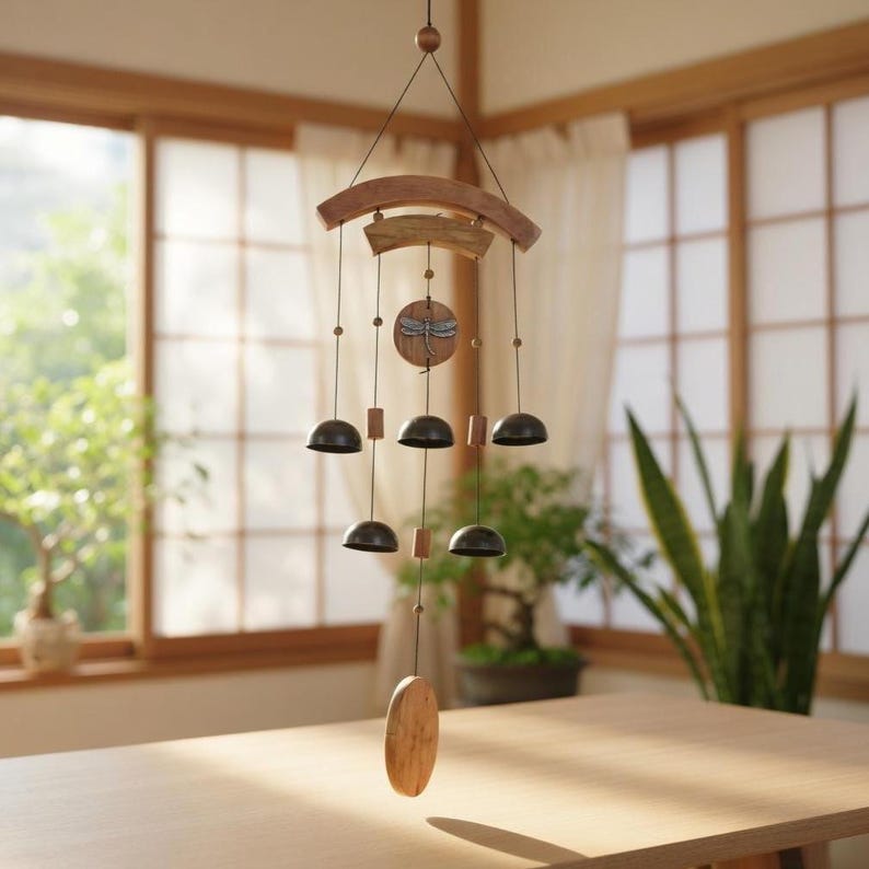 Handgefertigte Windspiele aus Holz mit Glöckchen, perfekt für die Gartendekoration im Freien