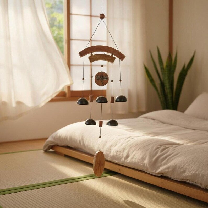 Handgefertigte Windspiele aus Holz mit Glöckchen, perfekt für die Gartendekoration im Freien
