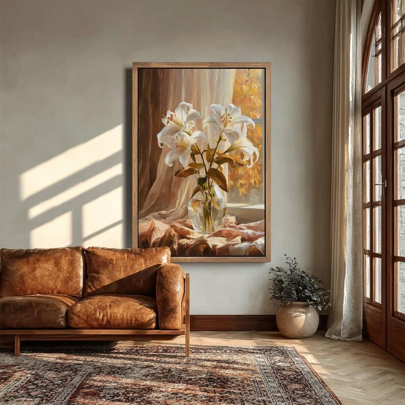 Lilienstrauß am Fenster im goldenen Abendlicht, handgemaltes Ölgemälde, strukturierte Kunst, Vintage-Wandbild, Wohnzimmer-Dekoration