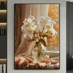 Lilienstrauß am Fenster im goldenen Abendlicht, handgemaltes Ölgemälde, strukturierte Kunst, Vintage-Wandbild, Wohnzimmer-Dekoration
