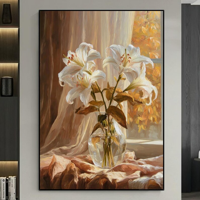 Lilienstrauß am Fenster im goldenen Abendlicht, handgemaltes Ölgemälde, strukturierte Kunst, Vintage-Wandbild, Wohnzimmer-Dekoration